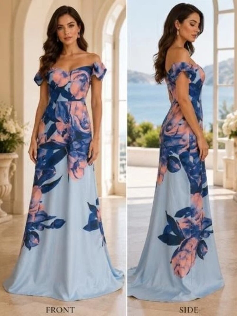 Rene Ruiz Collection Blue Coral Multi Off the Shoulder Floral Gown